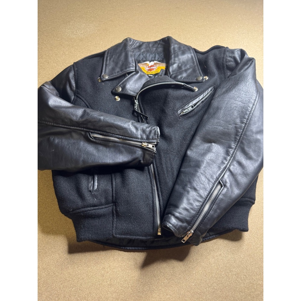 Harley Davidson Vintage Wool Leather Bomber Jacket Black Embroidered Mens Medium